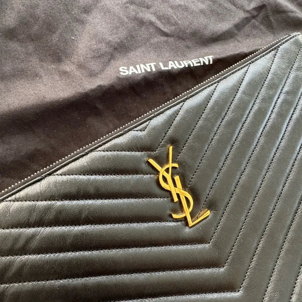 Saint Laurent Black Quilted Chevron Leather Wristlet with Gold YSL Logo - Picture 3 of 16